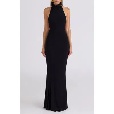 House Of Cb Sadira Draped Jersey Halter Mermaid Gown In Black