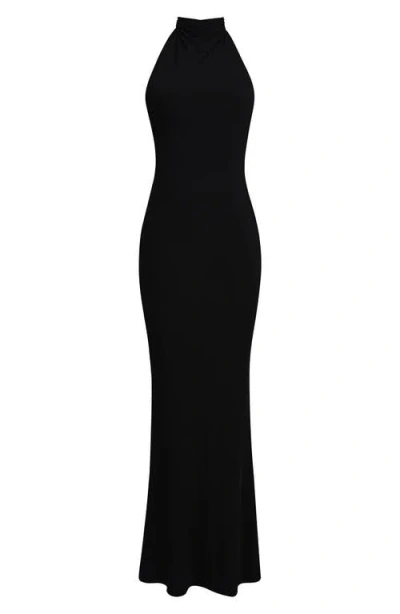 House Of Cb Sadira Draped Jersey Halter Mermaid Gown In Black