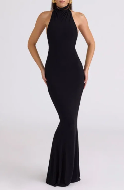 House Of Cb Sadira Draped Jersey Halter Mermaid Gown In Black