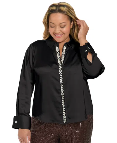 Muse Plus Size Long-sleeves Satin Top In Black