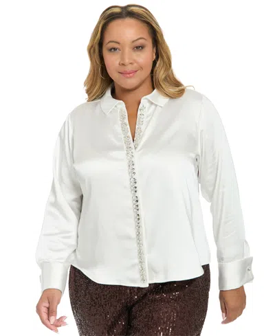 Muse Plus Size Long-sleeves Satin Top In White