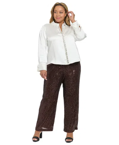 Muse Plus Size Long-sleeves Satin Top In White