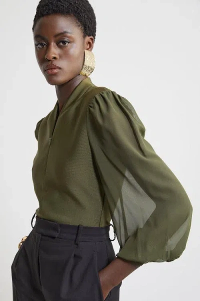 Karen Millen Zip Detail Chiffon Sleeve Knit Top In Green