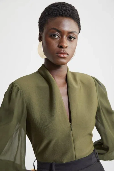 Karen Millen Zip Detail Chiffon Sleeve Knit Top In Green