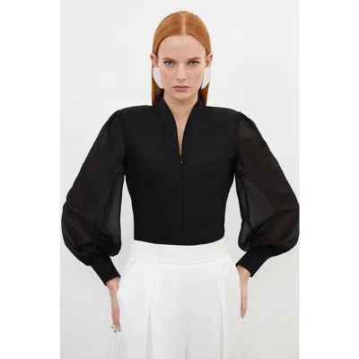 Karen Millen Zip Detail Chiffon Sleeve Knit Top In Black