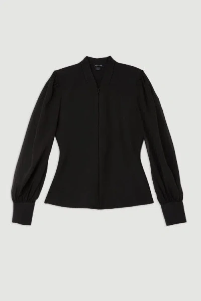 Karen Millen Zip Detail Chiffon Sleeve Knit Top In Black