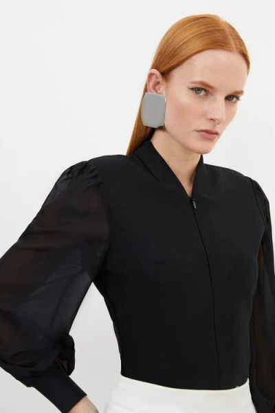 Karen Millen Zip Detail Chiffon Sleeve Knit Top In Black