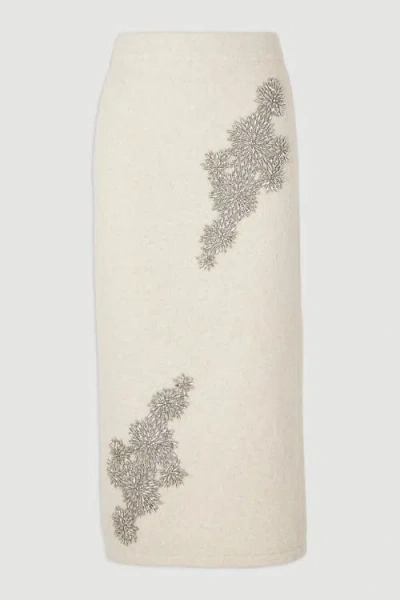 Karen Millen Wool Embellished Pencil Midi Skirt In Neutral
