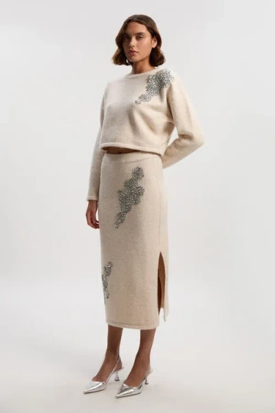 Karen Millen Wool Embellished Pencil Midi Skirt In Neutral