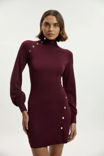 Karen Millen Viscose Blend Popper Knit Mini Dress In Burgundy