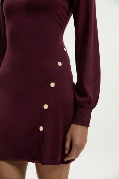 Karen Millen Viscose Blend Popper Knit Mini Dress In Burgundy