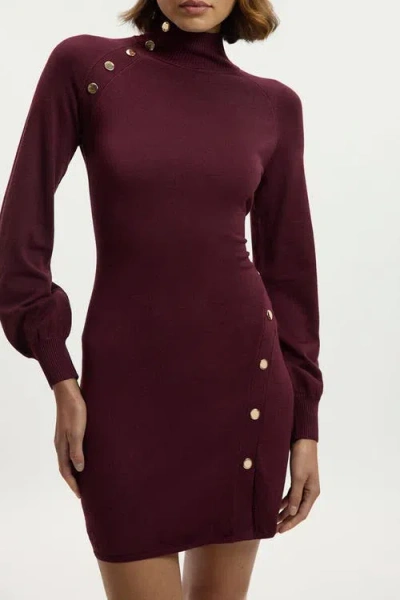 Karen Millen Viscose Blend Popper Knit Mini Dress In Burgundy