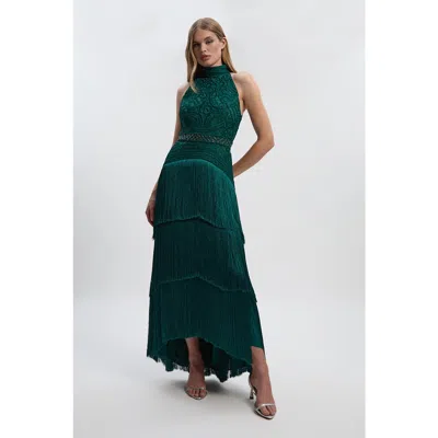 Karen Millen Beaded Halter Neck Woven Maxi Dress In Green
