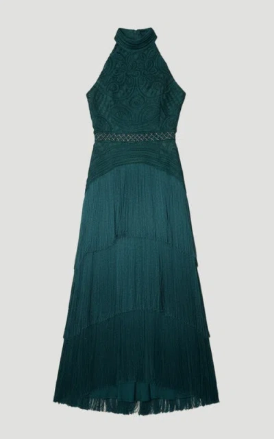Karen Millen Beaded Halter Neck Woven Maxi Dress In Green