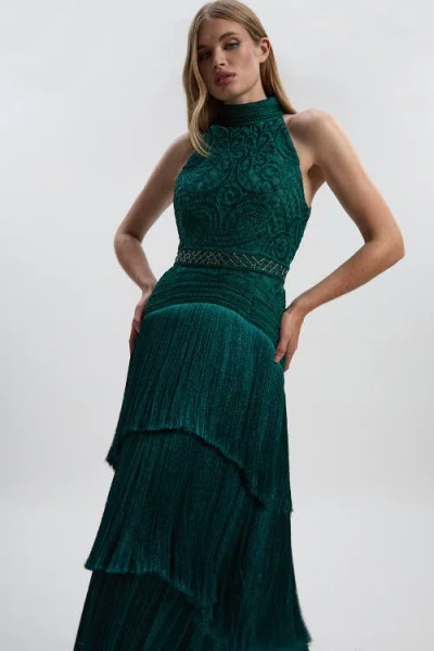 Karen Millen Beaded Halter Neck Woven Maxi Dress In Green