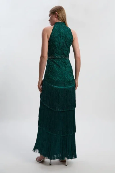 Karen Millen Beaded Halter Neck Woven Maxi Dress In Green