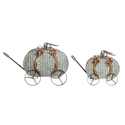 Transpac Silver Harvest Beaded Pumpkin Wagons Set Of 2 Decorative Decor In Green