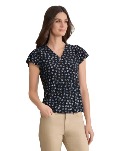 Jones New York Floral Flutter Sleeve Top In Blue