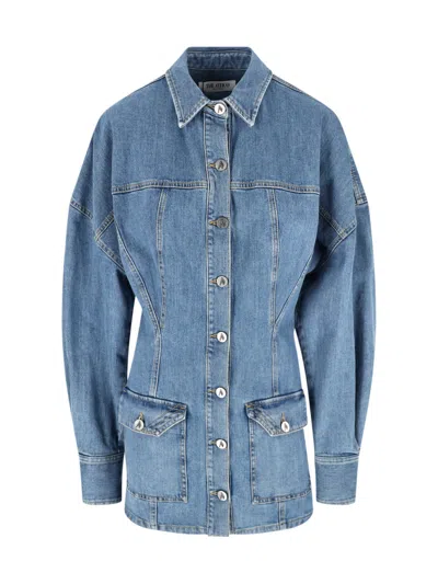 Attico Denim Mini Dress Front Pockets Long Sleeves In Blue