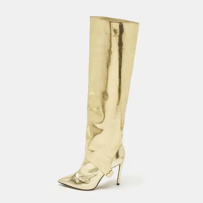 Pre-owned Jimmy Choo Hurley 100 Size 37.5 Gold Leather Knee Length Boots