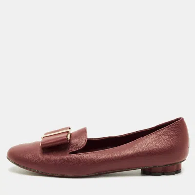 Pre-owned Ferragamo Sarno Bow Size 37 Burgundy Leather Smoking Slippers