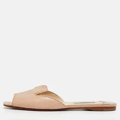 Pre-owned Prada Size 37.5 Beige Python Leather Flat Slides In Sand