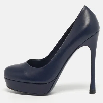 Pre-owned Saint Laurent Tribtoo Size 38.5 Navy Blue Leather Platform Pumps