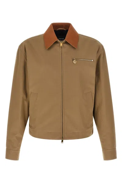 Versace Beige Jacket With Leather Collar And Metallic Medusa Head Detail In Cotton Canvas Man In Multi