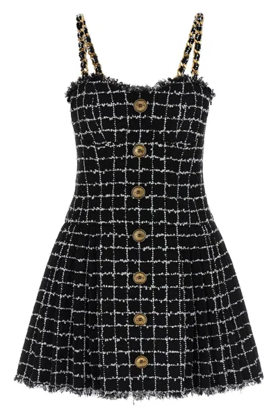Balmain Chain-detail Checked Tweed Minidress In Green