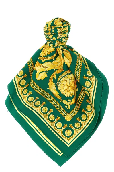 Versace Baroque Print Scarf Crown Floral Motif In Green