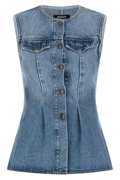 Rotate Birger Christensen Denim Flare Sleeveless Top Fitted Pockets In Blue