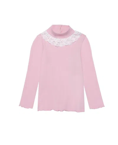 The Sunday Collective Girls' Ribbed Mock Neck Top With Lace Collar - Little Kid, Big Kid In Pink