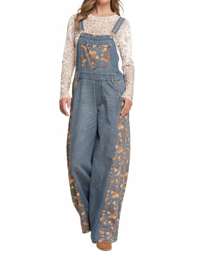 J.nna Contrasting Floral Denim Overalls In Blue In Blue