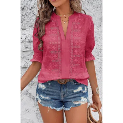 Truedames Solid Hollow Out Ruffle Hem V Neck Loose Blouse In Pink