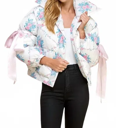 Pretty Follies Long Sleeve Floral Ribbon Puffer Coat In White In Multi