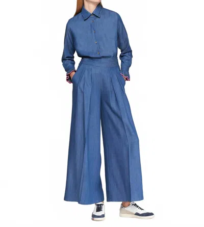 Vilagallo Long Sleeved Wave Embroidery Top In Denim In Blue