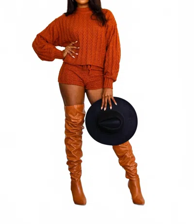 Little Secret Of Mine Hot To Handle Cable Knitted Shorts Set & Jumper In Rust In Orange
