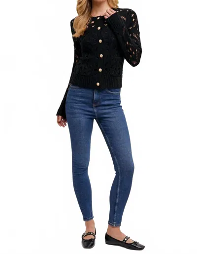 Bluivy C02203-crew Neck Button Down Pointelle Knit Cardigan In Black In Black