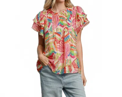 Style Usa Abstract Printed Double Ruffle Sleeved Top In Peach Mix In Multi