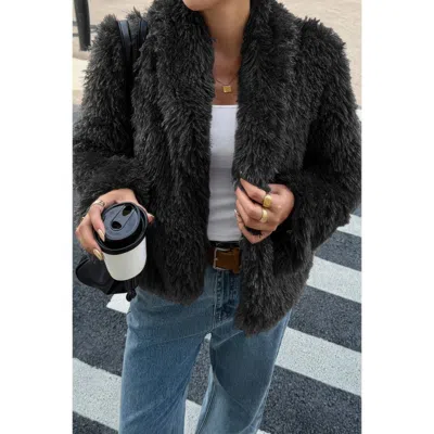 Truedames Solid Long Sleeves Elegant Faux Fur Jacket In Black