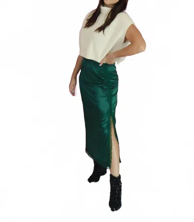 Main Strip Satin Midi Skirt With Lace Detailing In Green In Green