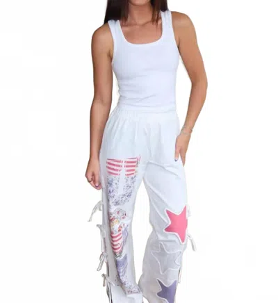 Act Pretty Graphic Printed Rope Trim With Side Bow Detail Twillpants In White Multi In White