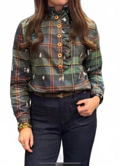 Vilagallo Plaid Playful Dog Print Top In Green In Multi