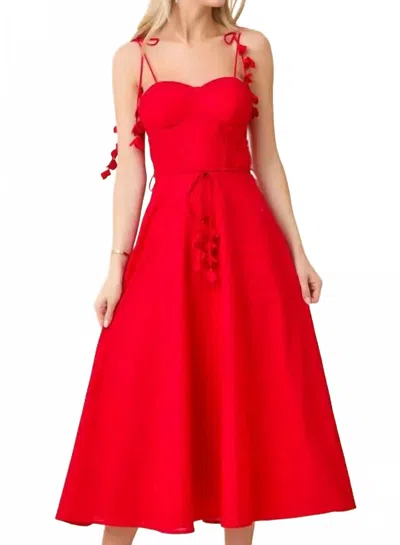Main Strip Tie Belt Flare Midi Dress In Red In Red