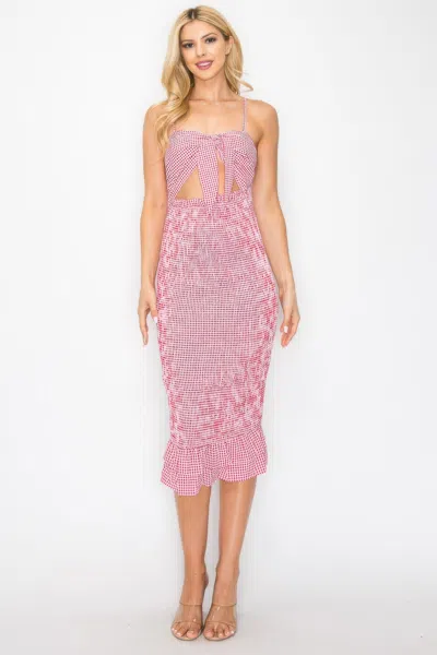 Truedames Checker Front Knot Smocked Midi Dress In Pink