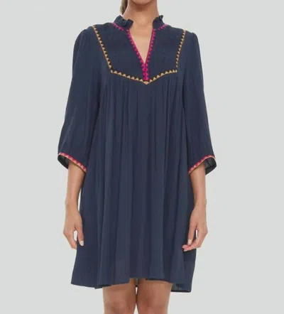 Room 34 Embroidered Tunic Dress In Dark Navy In Blue