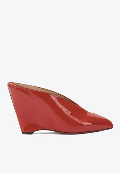 Ferragamo Alicia Patent Leather Peep-toe Wedge Mules In Red