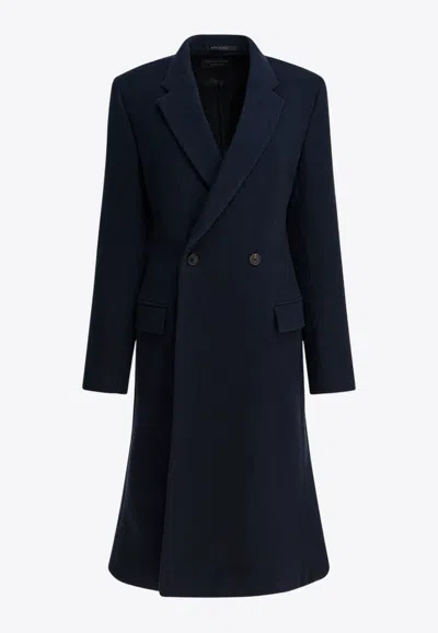 Balenciaga Women Godet Midi Double-breasted Wool Coat In Blue