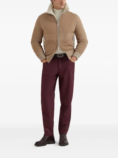 Brunello Cucinelli Suede Curly Shearling Bomber Jacket With Cashmere Knit Collar In Brown