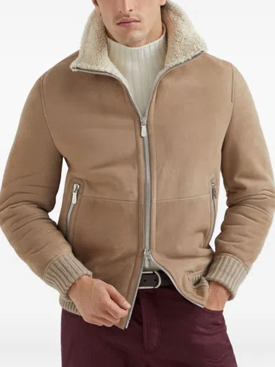 Brunello Cucinelli Suede Curly Shearling Bomber Jacket With Cashmere Knit Collar In Brown
